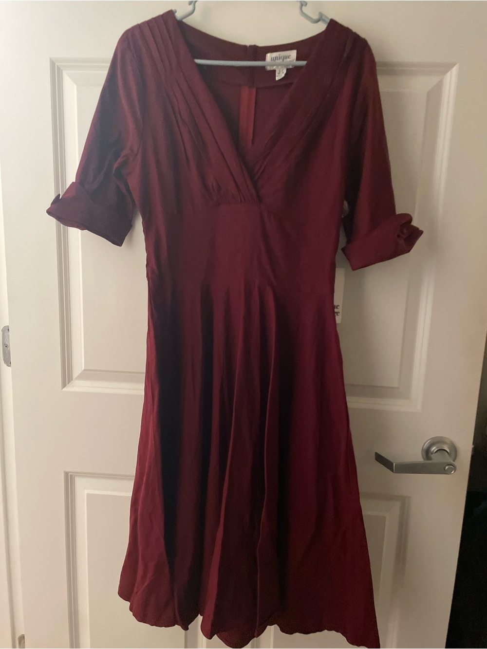 Unique Vintage Burgundy V-Neck Midi Dress